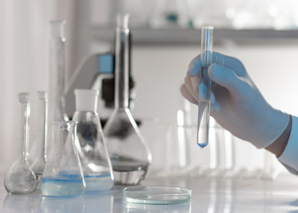 Zdjęcie laboratorium, ręka trzymająca próbkę z roztworem